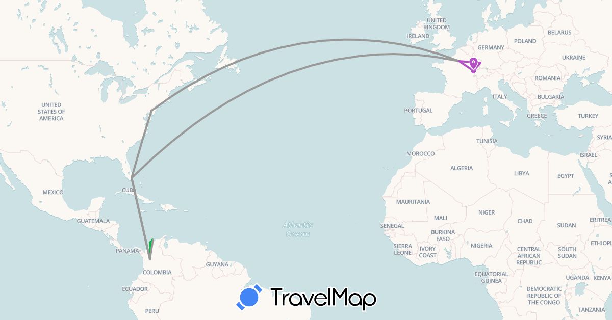 TravelMap itinerary: driving, bus, plane, train in Colombia, France, United States (Europe, North America, South America)